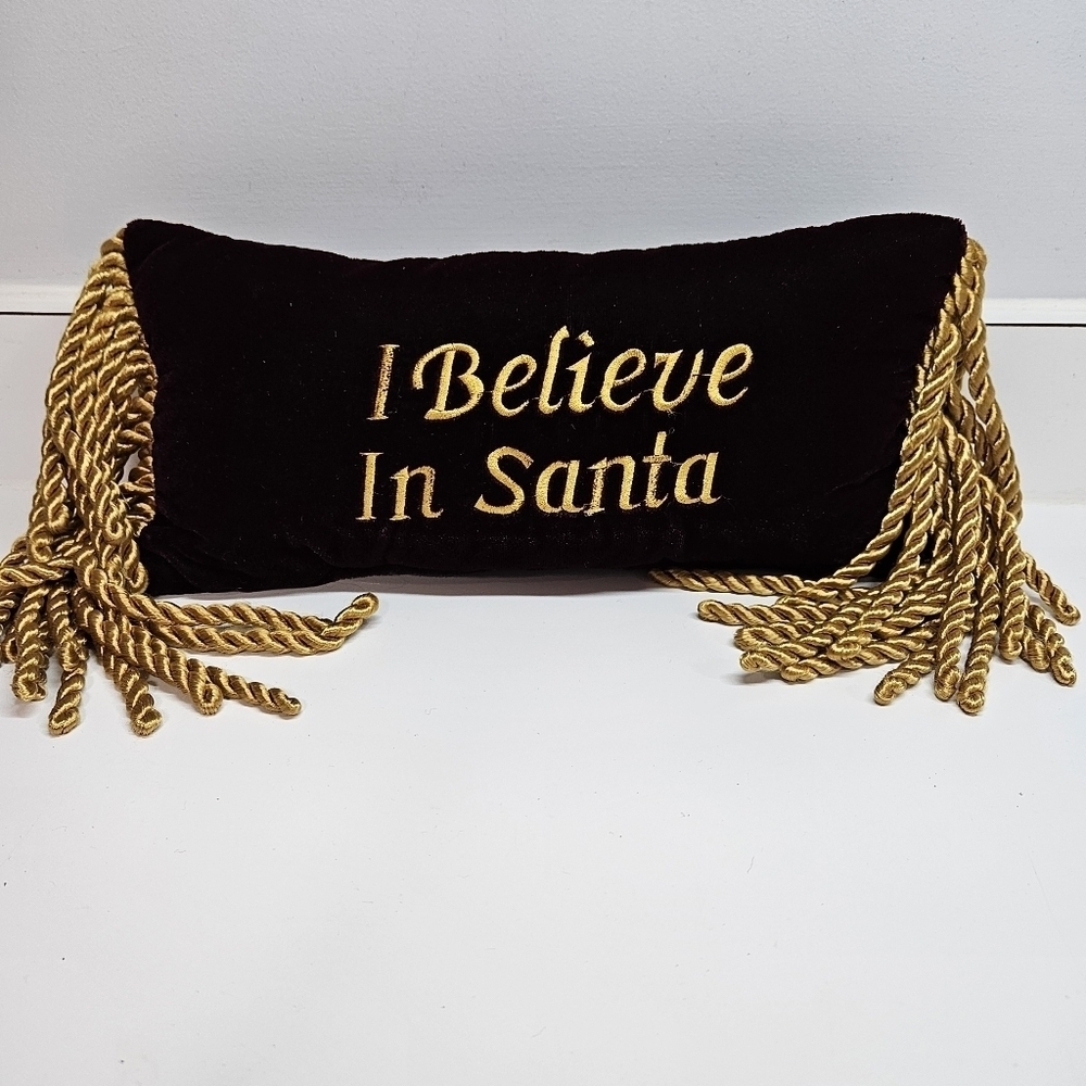 I Believe in Santa Small Red & Gold Velvet Toss Accent Pillow Tassel Details